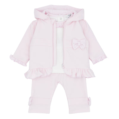 Girls’ pink three-piece tracksuit with hooded jacket, white frill top and joggers, Blues Baby Autumn Winter outfit