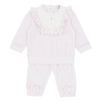 Girls’ pink two-piece jog set with frill top and bow-detail joggers, Blues Baby Autumn Winter boutique outfit