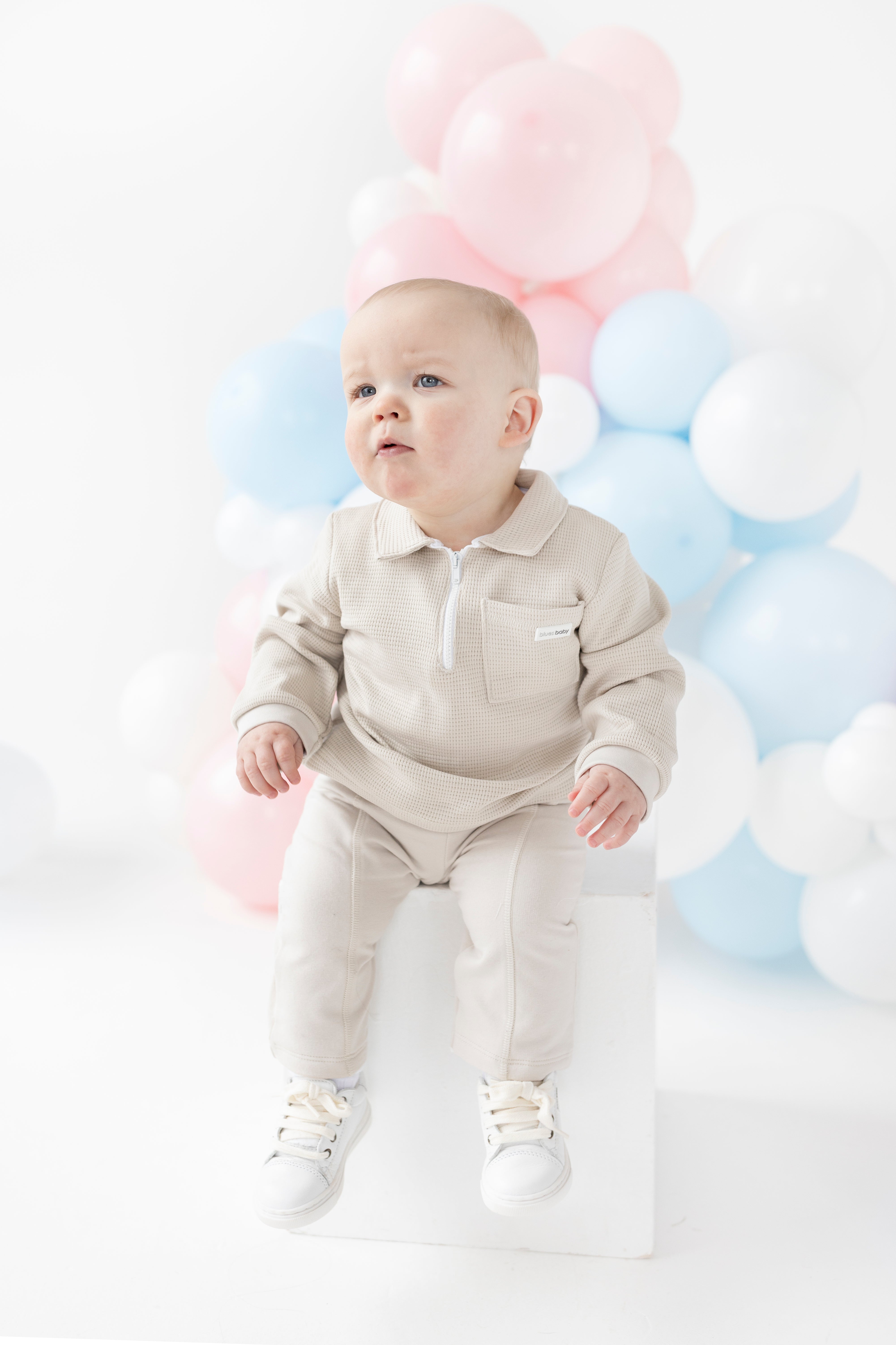 Boys’ smart beige half-zip polo top with matching joggers, Blues Baby AW collection