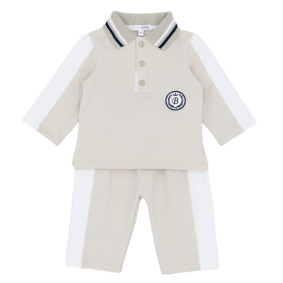 Boys beige Blues Baby polo and trouser set with long sleeve collar top, white and navy detailing, Autumn Winter boutique collection, sizes 3m to 4 years