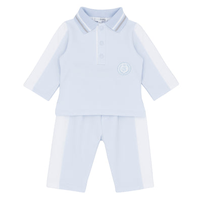 Boys blue Blues Baby polo and trouser set with long sleeve collar top, white detailing, Autumn Winter boutique collection, sizes 3m to 4 years
