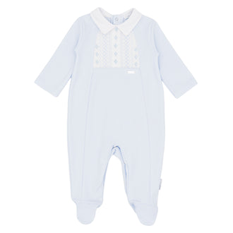 Boys pale blue cotton Cannes all in one by Blues Baby British designer boutique kids wear at Kidz Emporium