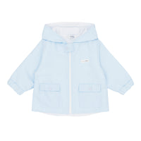 Technical flat lay view of the Blues Baby boys blue lightweight hooded zip-up jacket.