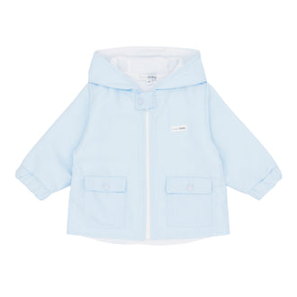 Technical flat lay view of the Blues Baby boys blue lightweight hooded zip-up jacket.