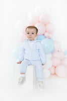 blues baby boys light blue hamel zip hoodie and joggers model sitting on white block boutique childrenswear