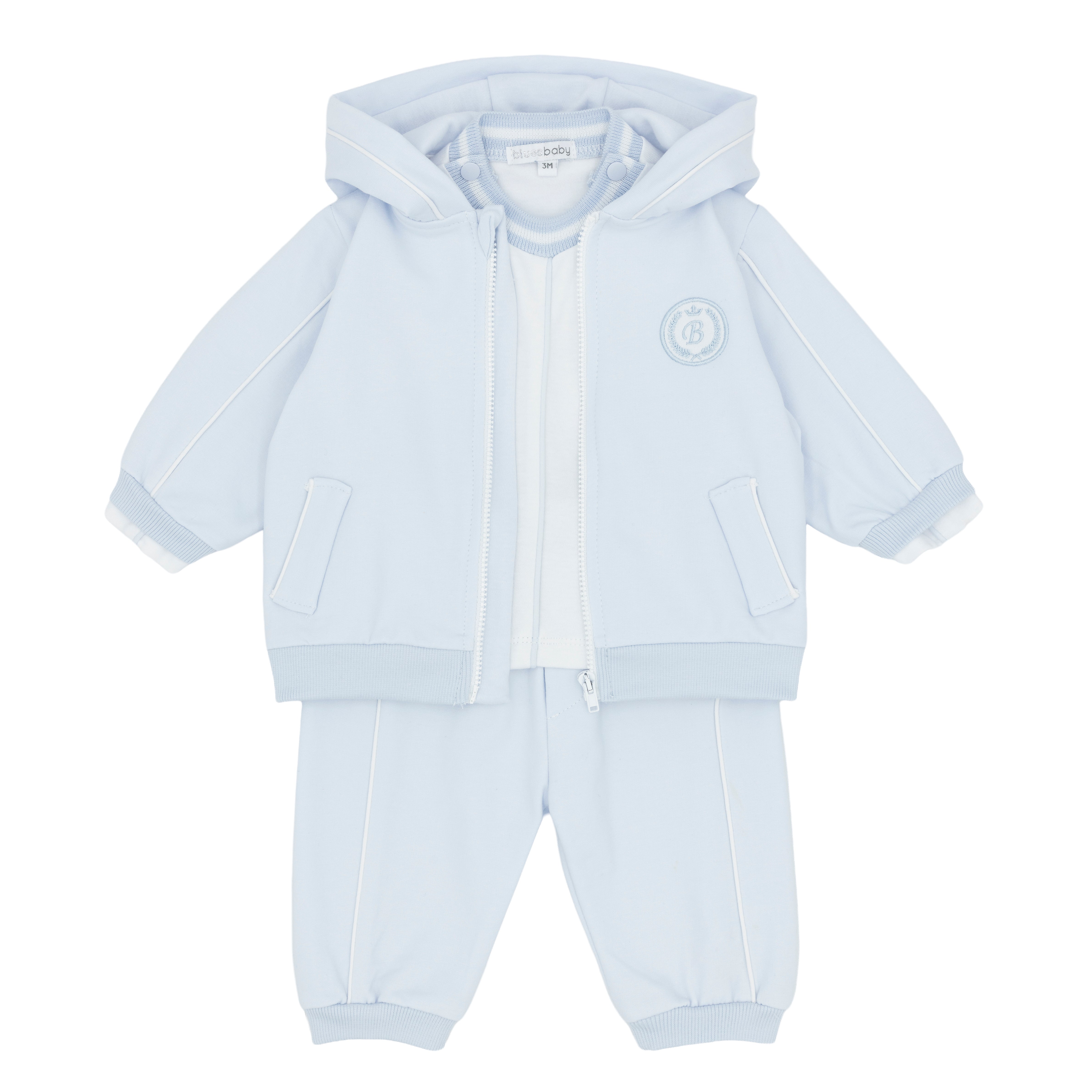 blues baby boys light blue hamel three piece tracksuit set flat lay designer babywear infant fashion