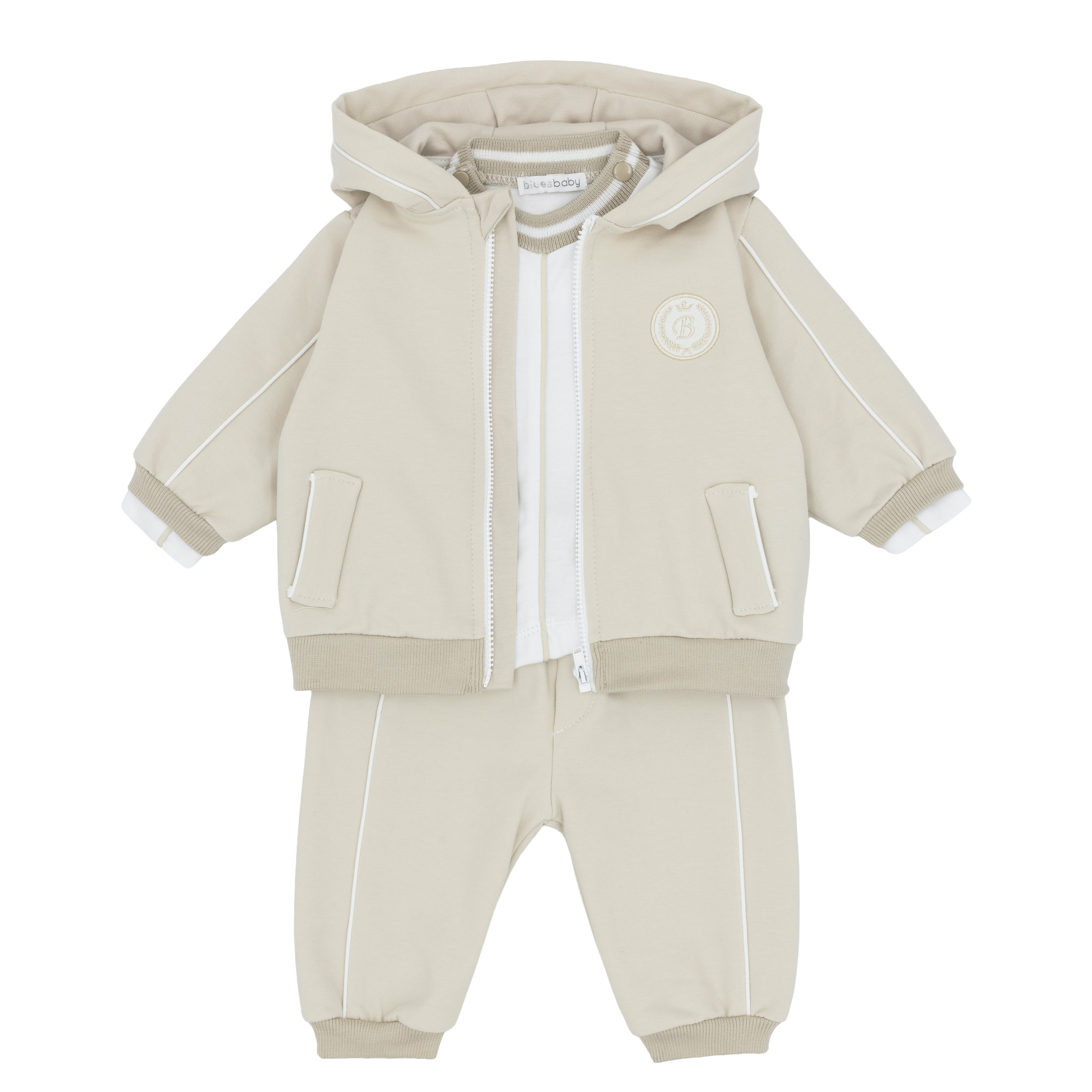 blues baby boys beige hamel three piece tracksuit set flat lay designer babywear infant fashion