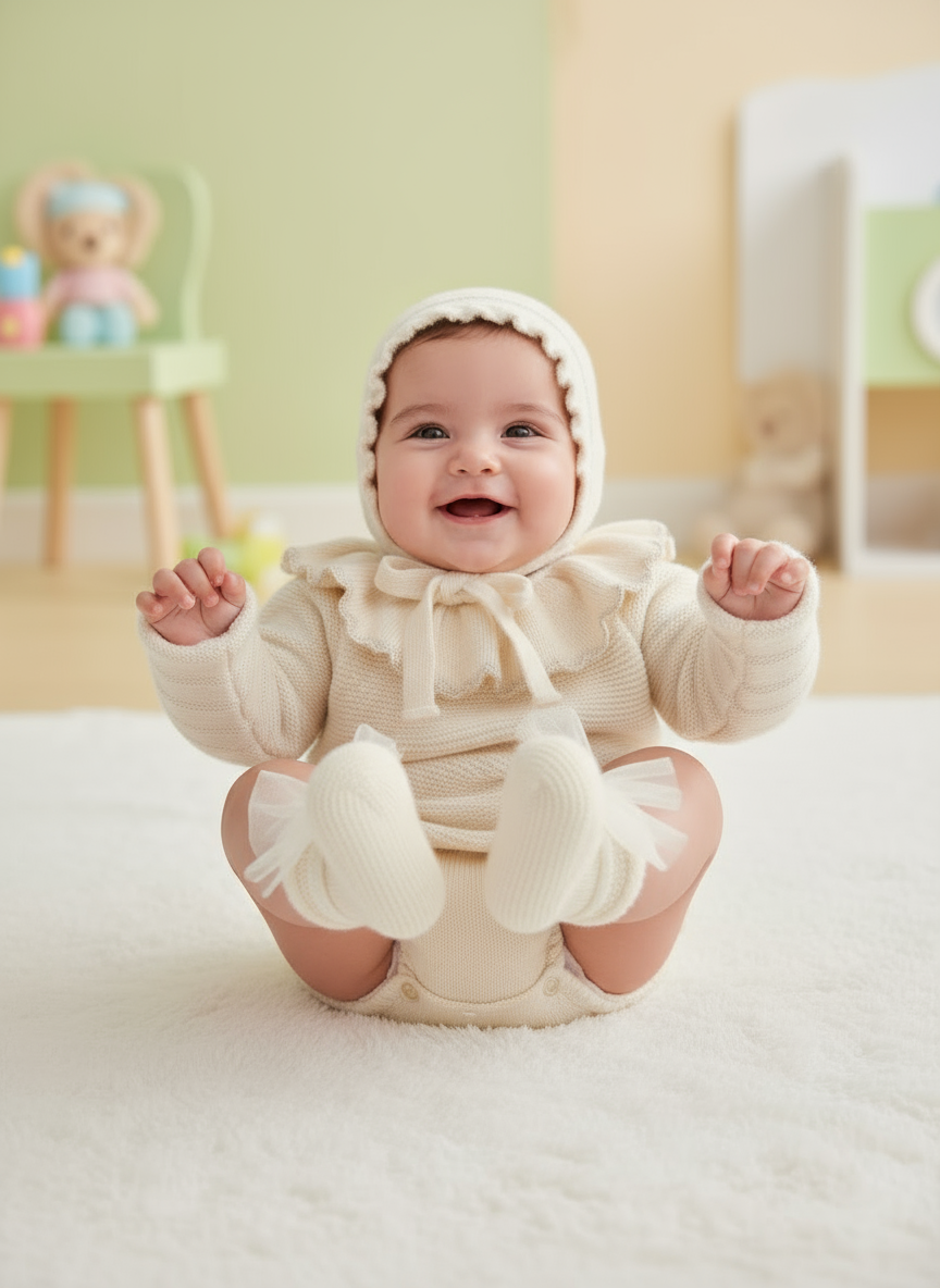 Baby Girls Beige Knitted Sweater with Jam Pants, Bonnet & Booties | Autumn/Winter