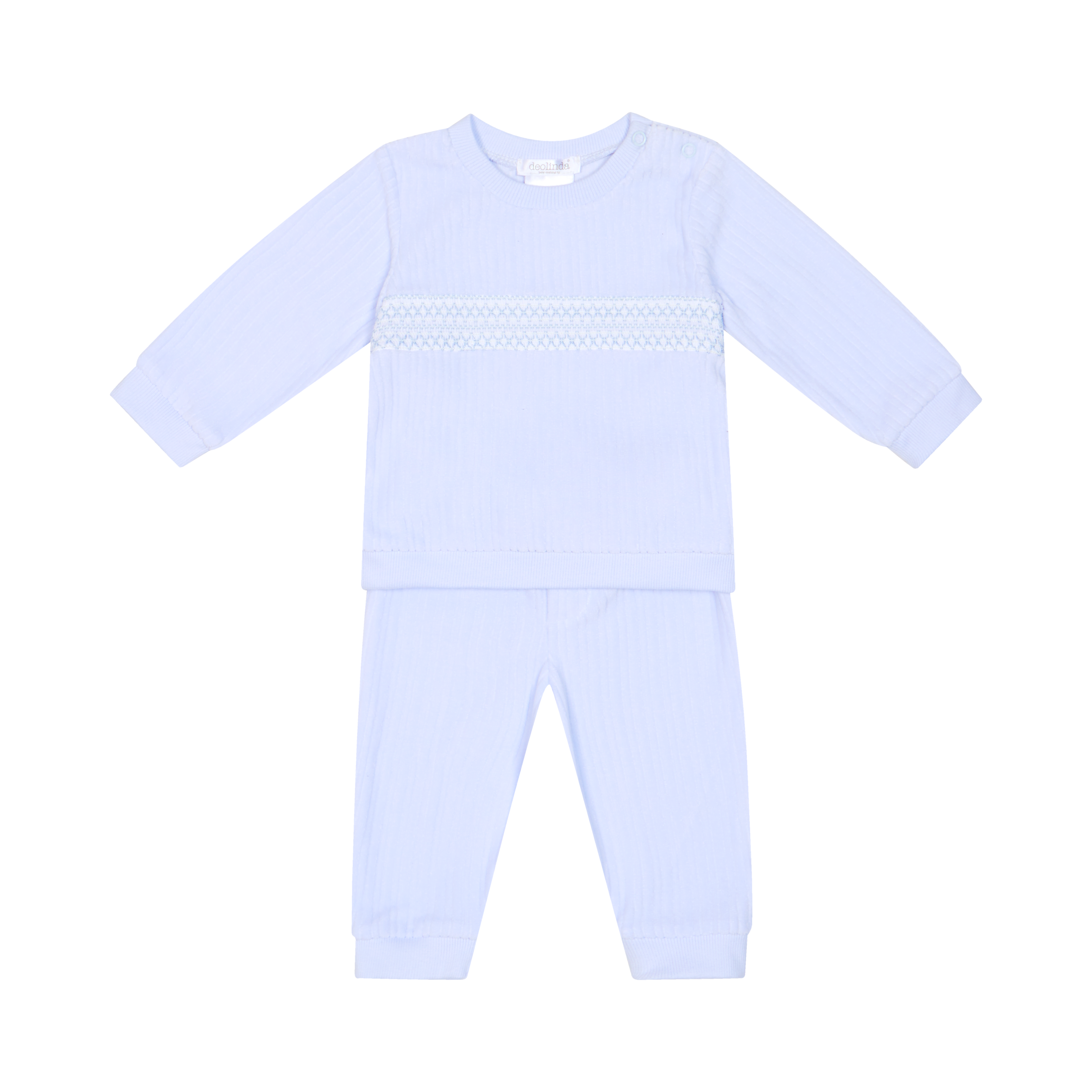 deolinda boys sky blue smocked cotton tracksuit two piece set flat lay on white background
