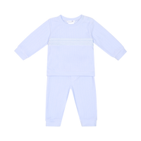 deolinda boys sky blue smocked cotton tracksuit two piece set flat lay on white background