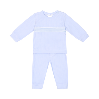 deolinda boys sky blue smocked cotton tracksuit two piece set flat lay on white background