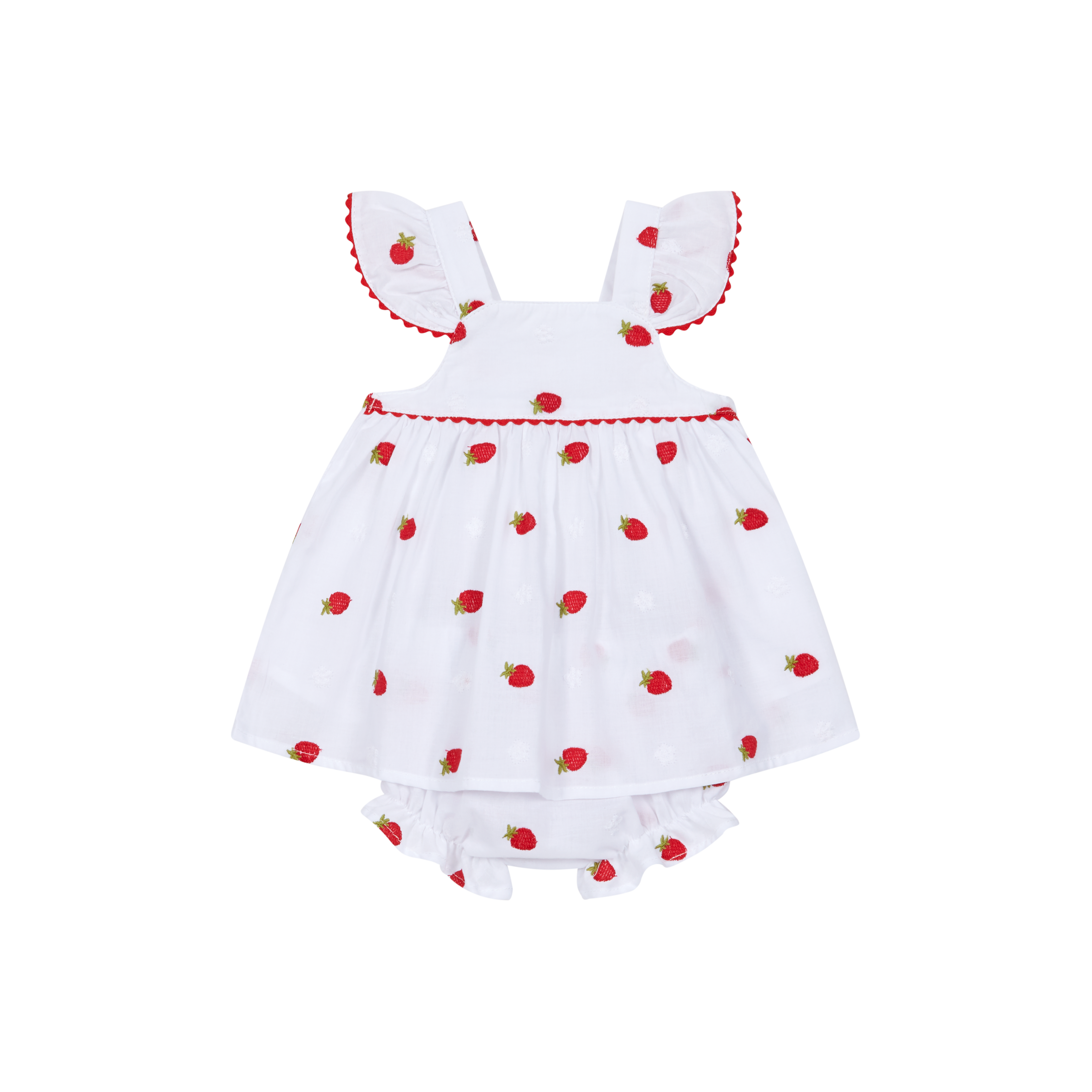 Deolinda Pavlova girls white dress and bloomers set with red strawberry embroidery