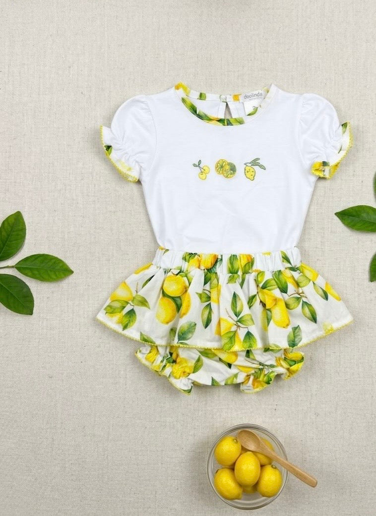 Spanish style baby girls lemon and white botanical ruffle shorts set