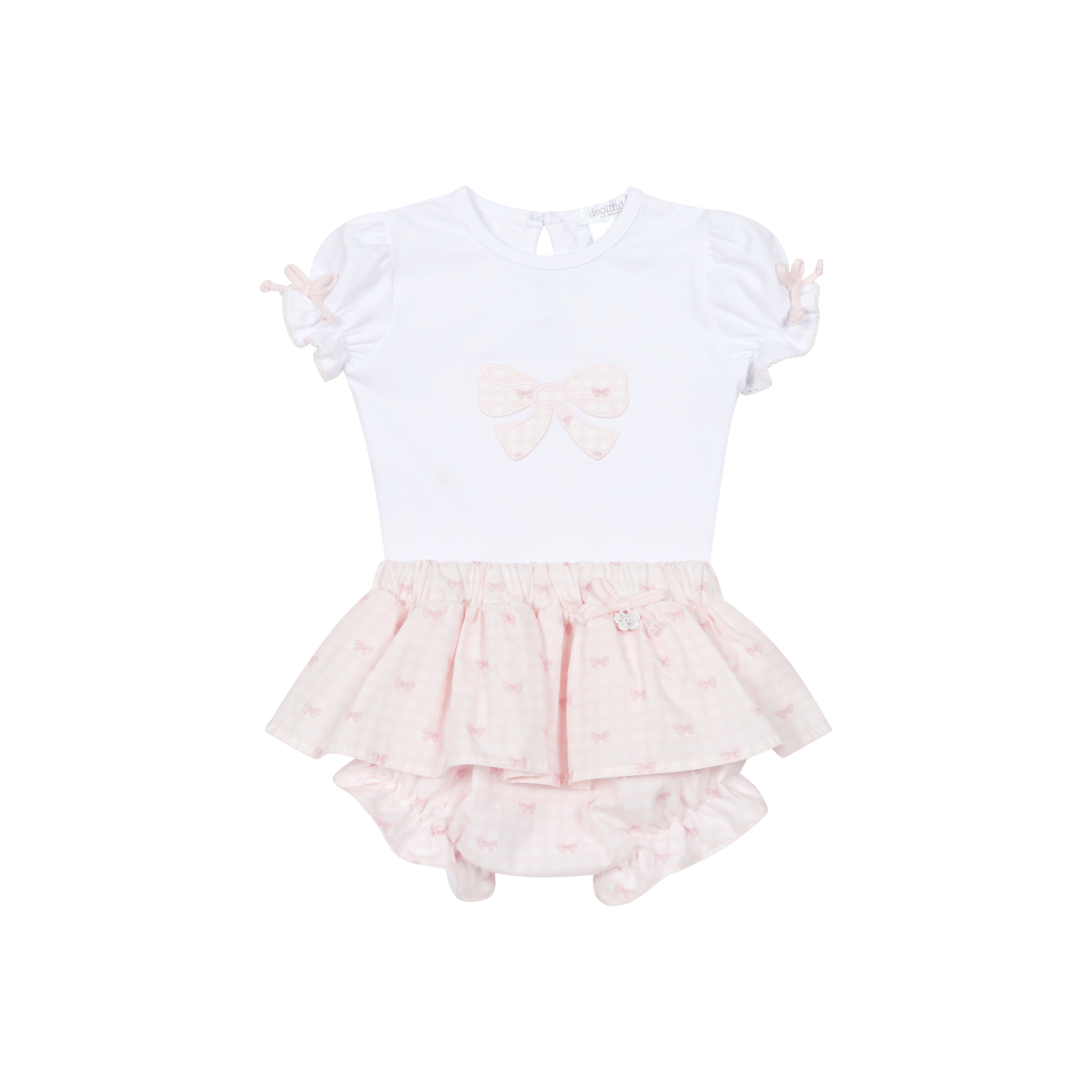 Deolinda Lollipop girls pink and white two piece set with gingham bow appliqué
