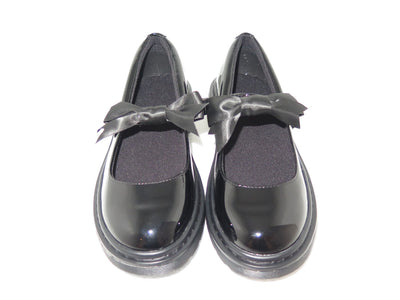 Pair of girls & women's black patent school shoes with bows and velcro fastening 
