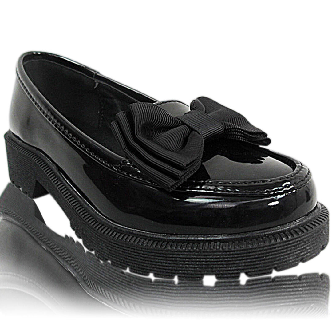 Black Patent Slip-On School Shoes with Ribbon Bow Chunky Sole – Girls  Ladies (Infant to Adult 8)