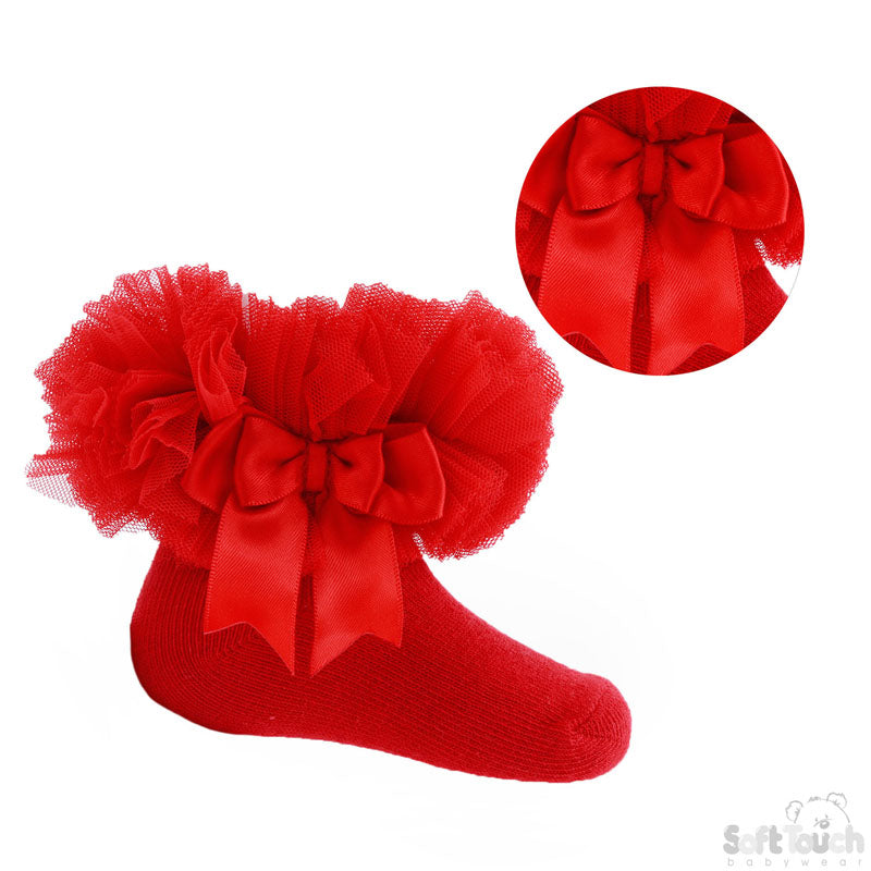 Red baby girl tutu socks with organza lace and satin bow, ankle length, sizes newborn to 18 months