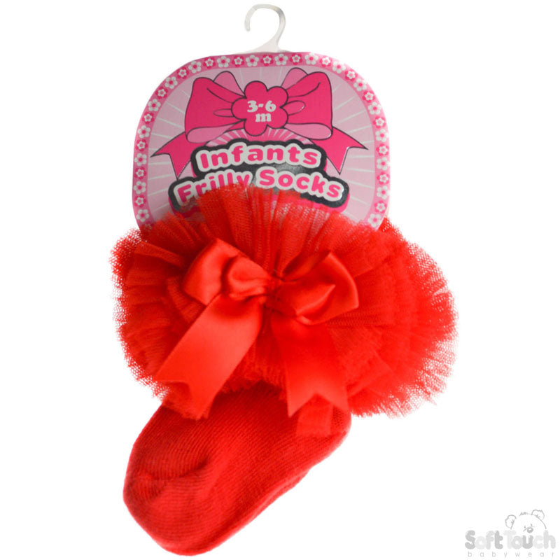 Red baby girl tutu socks with organza lace and satin bow, ankle length, sizes newborn to 18 months
