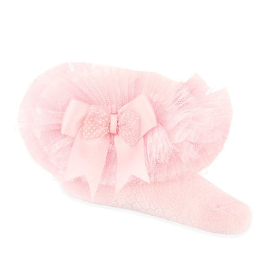 Pink baby girl tutu socks with organza lace and satin bow, ankle length, sizes newborn to 18 months