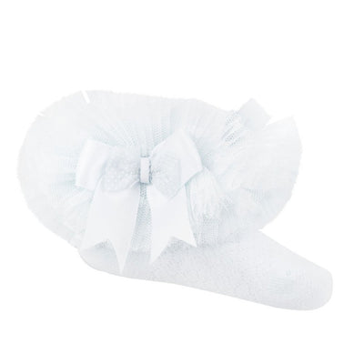 White baby girl tutu socks with organza lace and satin bow, ankle length, sizes newborn to 18 months