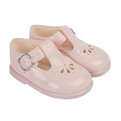 Patent pink faux leather 'Baypods' first walker shoes. These smart, traditionally styled shoes are the perfect choice for babies and toddlers. Featuring buckle fastening straps to keep securely on little feet and a classic t-bar style with a pretty cut out pattern, perfect for when a traditional look is required. . Faux leather uppers Textile lining Wipe clean Buckle strap Suitable for girls and boys