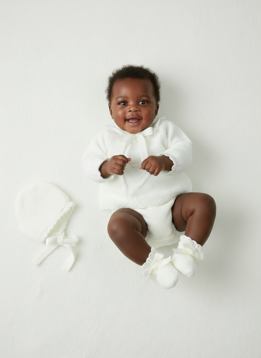 Baby Girls Cream Knitted Sweater with Muslin Lace, Bow, Jam Pants, Bonnet & Booties | Autumn/Winter