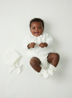 Baby Girls Cream Knitted Sweater with Muslin Lace, Bow, Jam Pants, Bonnet & Booties | Autumn/Winter