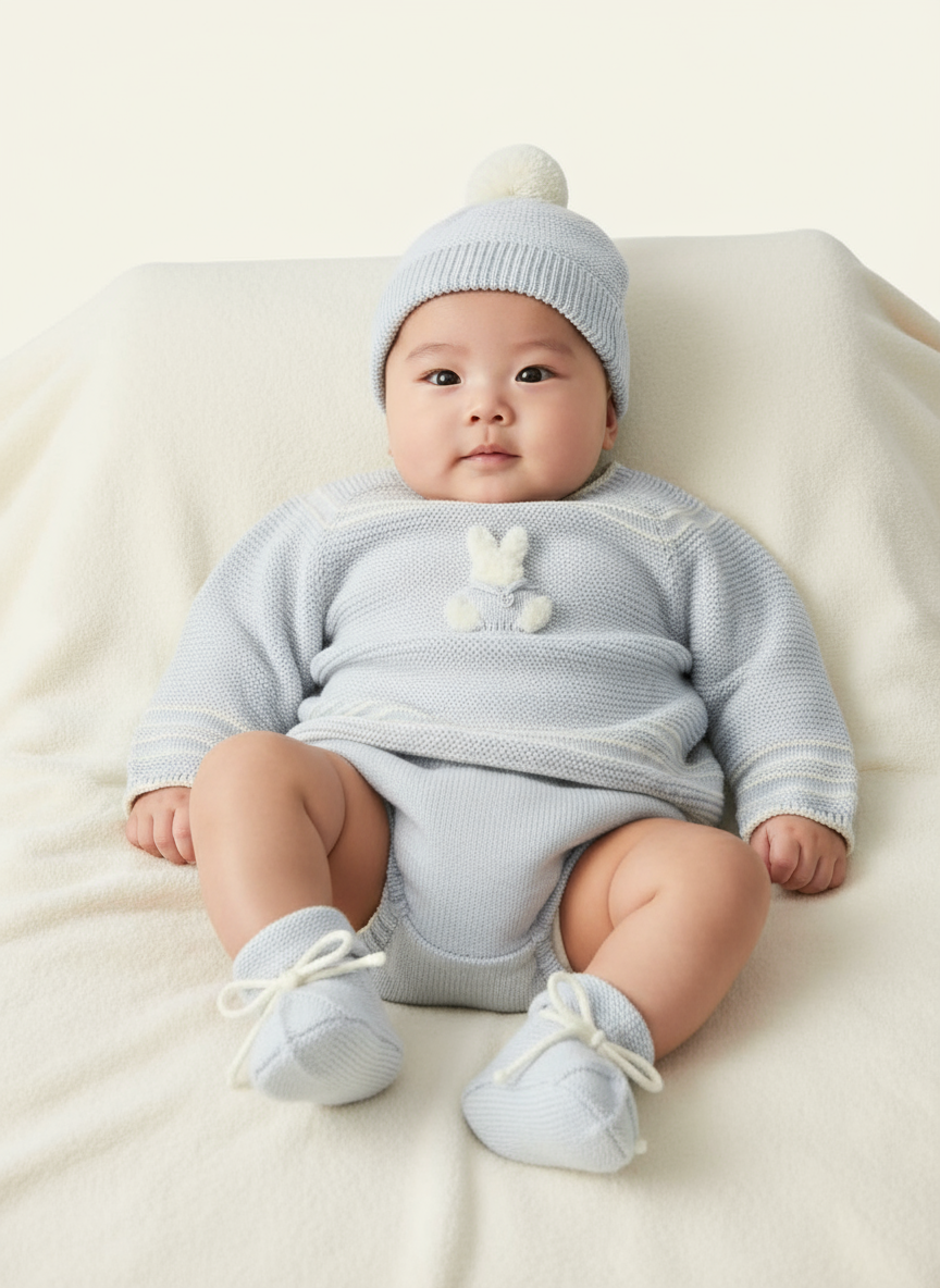 Baby Boys Grey Knitted Sweater with Rabbit Motif, Jam Pants, Hat & Booties | Autumn/Winter