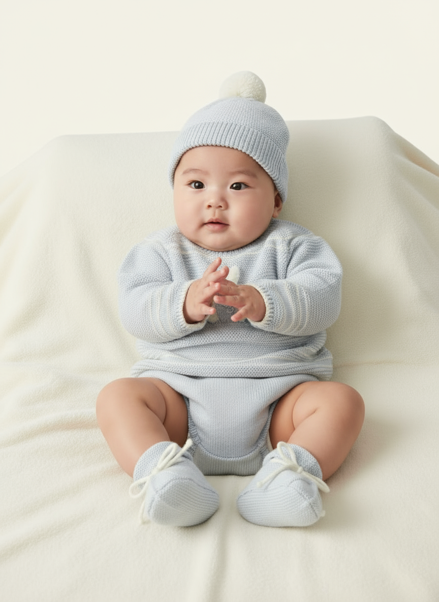 Baby Boys Grey Knitted Sweater with Rabbit Motif, Jam Pants, Hat & Booties | Autumn/Winter