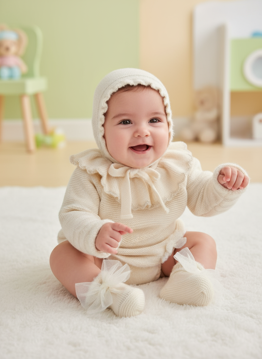 Baby Girls Beige Knitted Sweater with Jam Pants, Bonnet & Booties | Autumn/Winter
