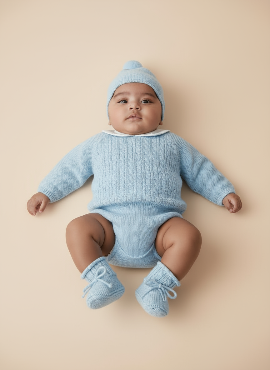 Baby Boys Blue Knitted Sweater with Embroidered Peter Pan Collar, Jam Pants, Hat & Booties | Autumn/Winter
