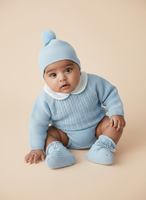 Baby Boys Blue Knitted Sweater with Embroidered Peter Pan Collar, Jam Pants, Hat & Booties | Autumn/Winter