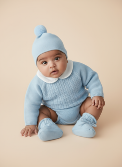 Baby Boys Blue Knitted Sweater with Embroidered Peter Pan Collar, Jam Pants, Hat & Booties | Autumn/Winter