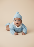 Baby Boys Blue Knitted Sweater with Embroidered Peter Pan Collar, Jam Pants, Hat & Booties | Autumn/Winter