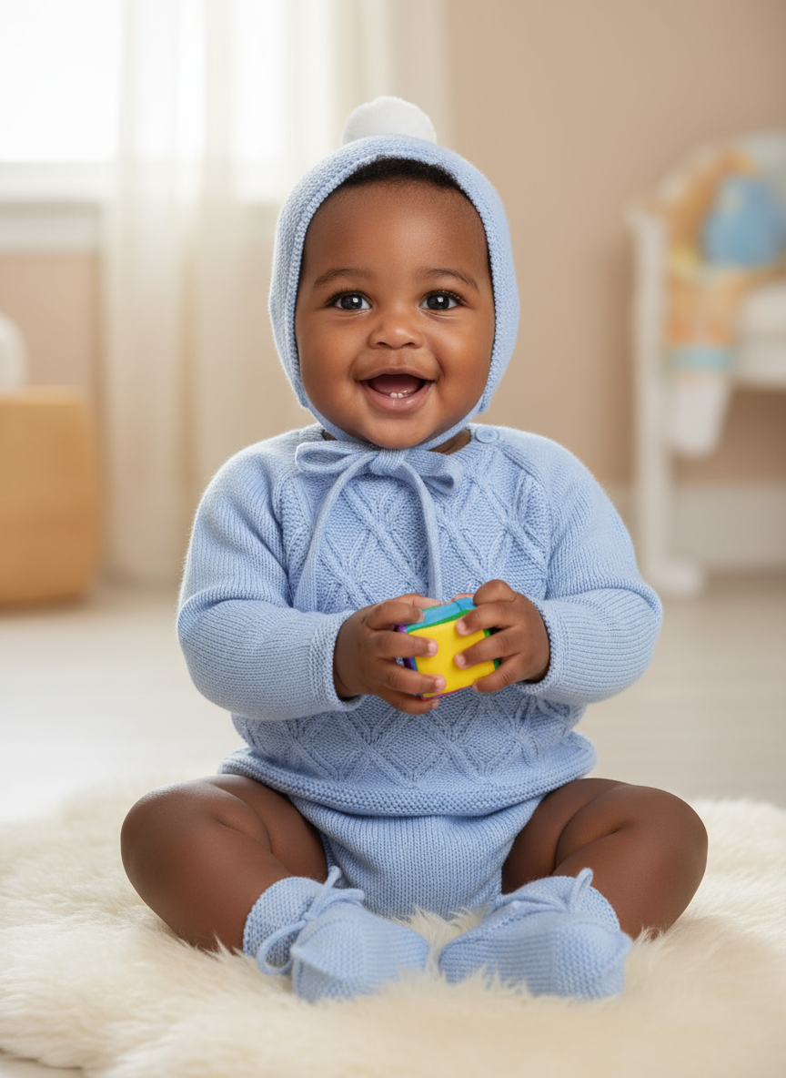 Baby Boys Blue Knitted Sweater with Jam Pants, Hat & Booties | Autumn/Winter
