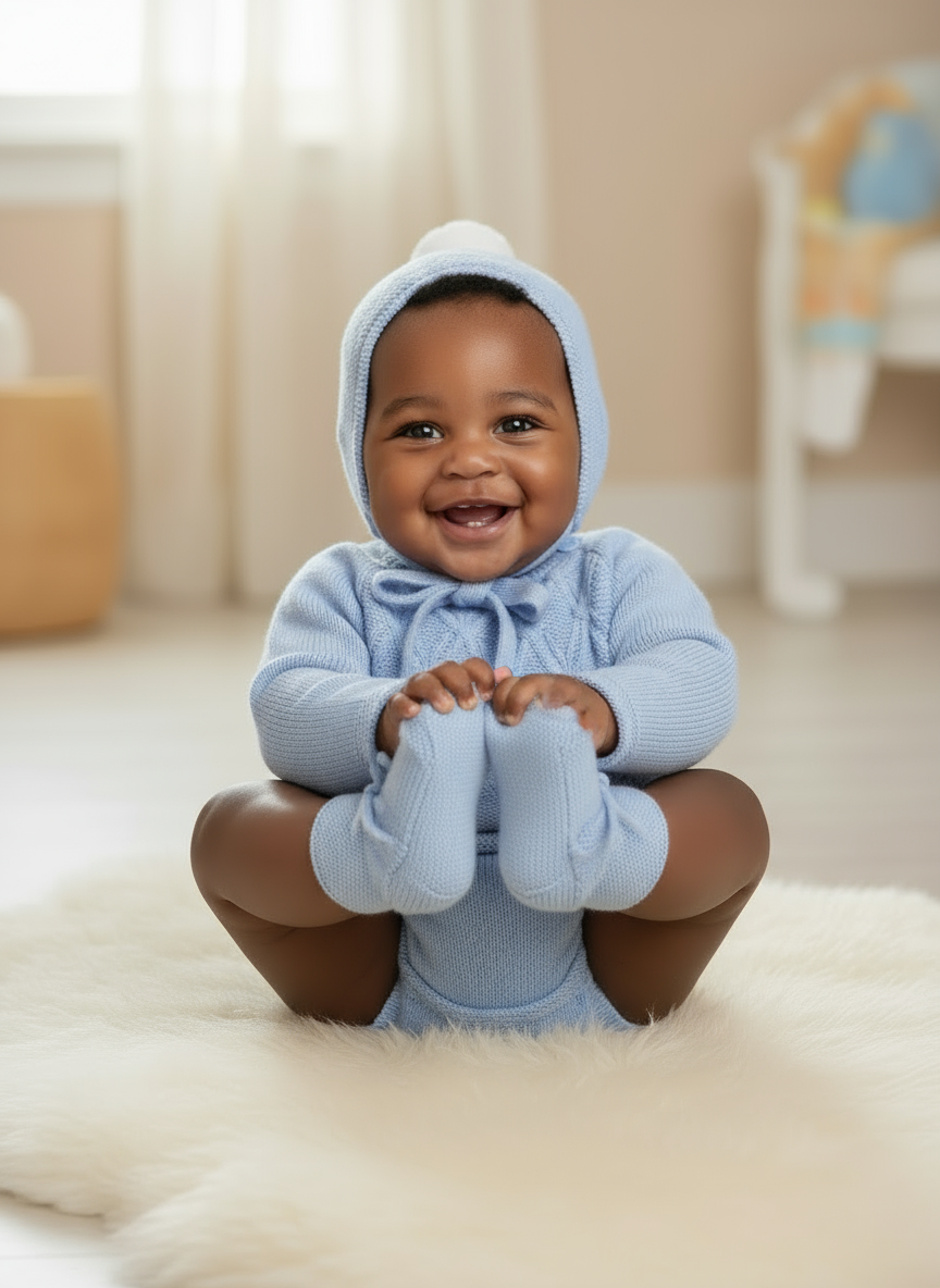 Baby Boys Blue Knitted Sweater with Jam Pants, Hat & Booties | Autumn/Winter