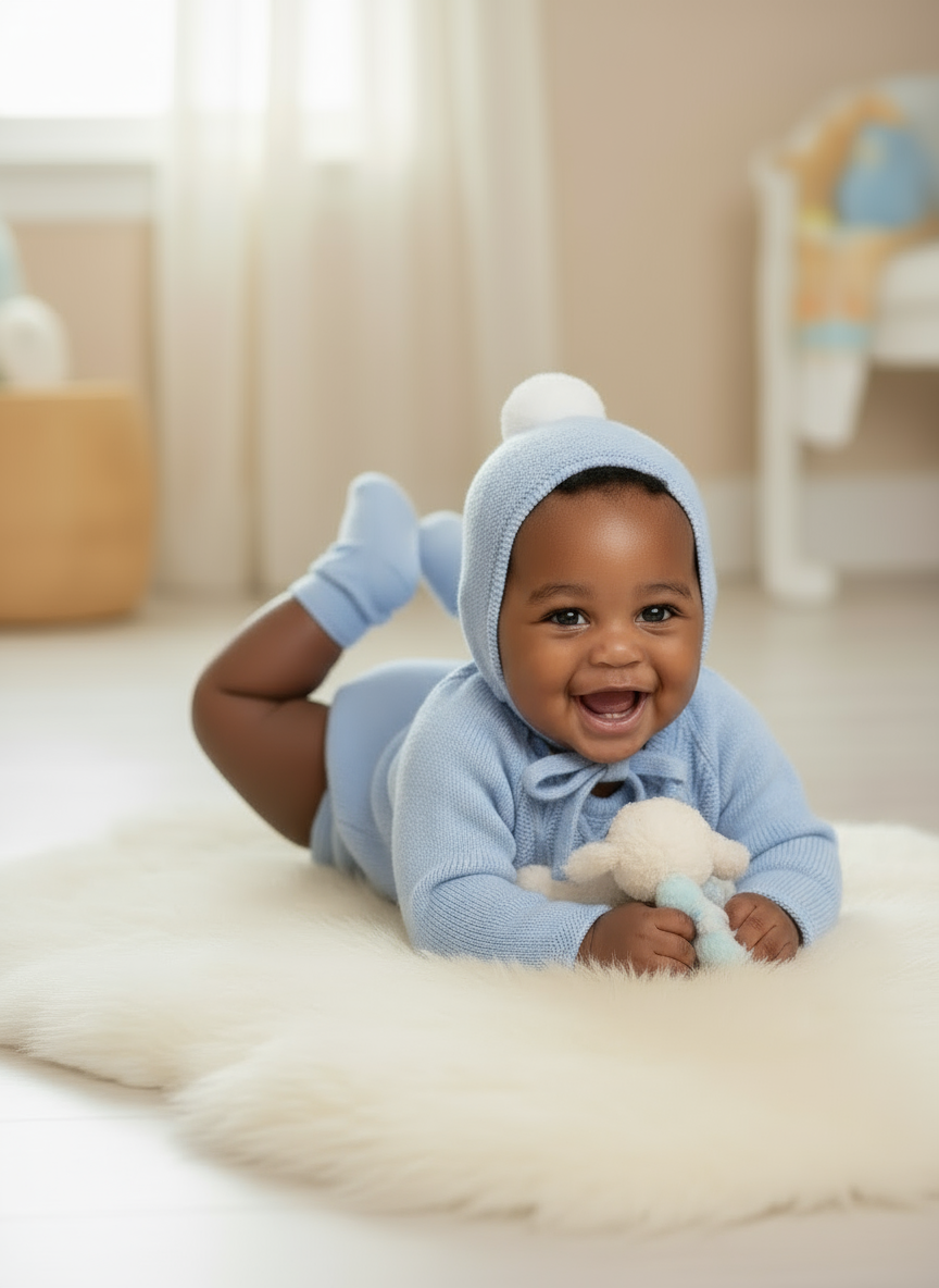 Baby Boys Blue Knitted Sweater with Jam Pants, Hat & Booties | Autumn/Winter