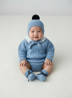Baby Boys Blue Knitted Sweater with Embroidered Peter Pan Collar, Jam Pants, Hat & Booties | Autumn/Winter