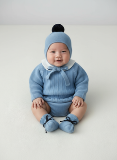 Baby Boys Blue Knitted Sweater with Embroidered Peter Pan Collar, Jam Pants, Hat & Booties | Autumn/Winter
