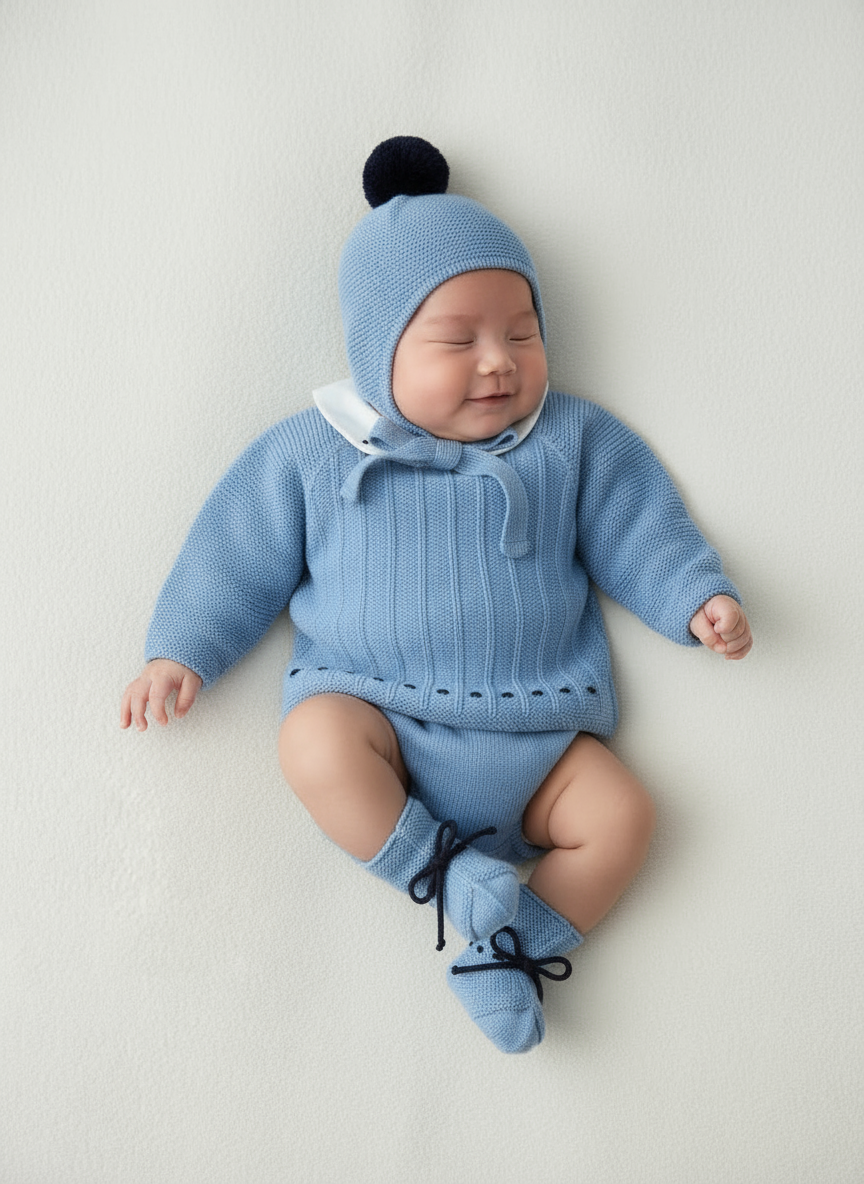 Baby Boys Blue Knitted Sweater with Embroidered Peter Pan Collar, Jam Pants, Hat & Booties | Autumn/Winter
