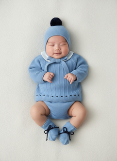 Baby Boys Blue Knitted Sweater with Embroidered Peter Pan Collar, Jam Pants, Hat & Booties | Autumn/Winter