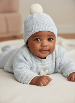 Baby Boys Grey Knitted Sweater with Rabbit Motif, Closed Feet Trousers & Hat | Autumn/Winter