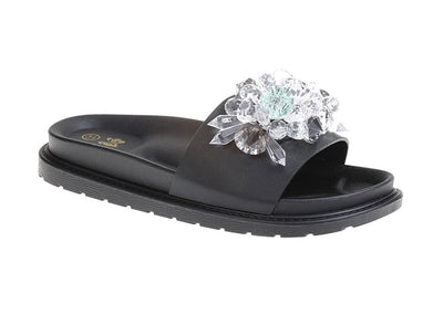 <p data-mce-fragment="1">Elevate your little one's spring/summer style with Doremi's designer-inspired Black Crystal Floral Sliders. The delicate crystal floral design adds a touch of elegance, making these sliders a perfect choice for everyday wear as well as holiday season. Give your girl the gift of style and comfort with Doremi.</p>