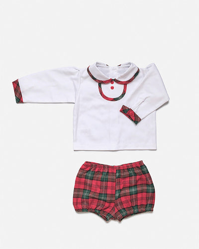 This Juliana branded two-piece outfit is perfect for any stylish boy. The white shirt features a peter pan collar with red and green checked piping on the cuffs and collar, while the matching shorts come in a chic red and green check pattern. Available in sizes 3 month to 4 year.
