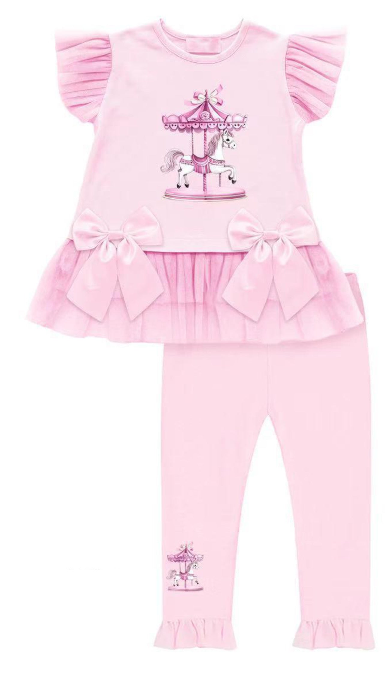 Kidz Emporium Girls Pink Horse Carousel Legging Set with Pleated Ruffle Sleeves Tulle Hem Satin Bows and Matching Headband British Designed Casual Wear