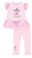 Kidz Emporium Girls Pink Horse Carousel Legging Set with Pleated Ruffle Sleeves Tulle Hem Satin Bows and Matching Headband British Designed Casual Wear