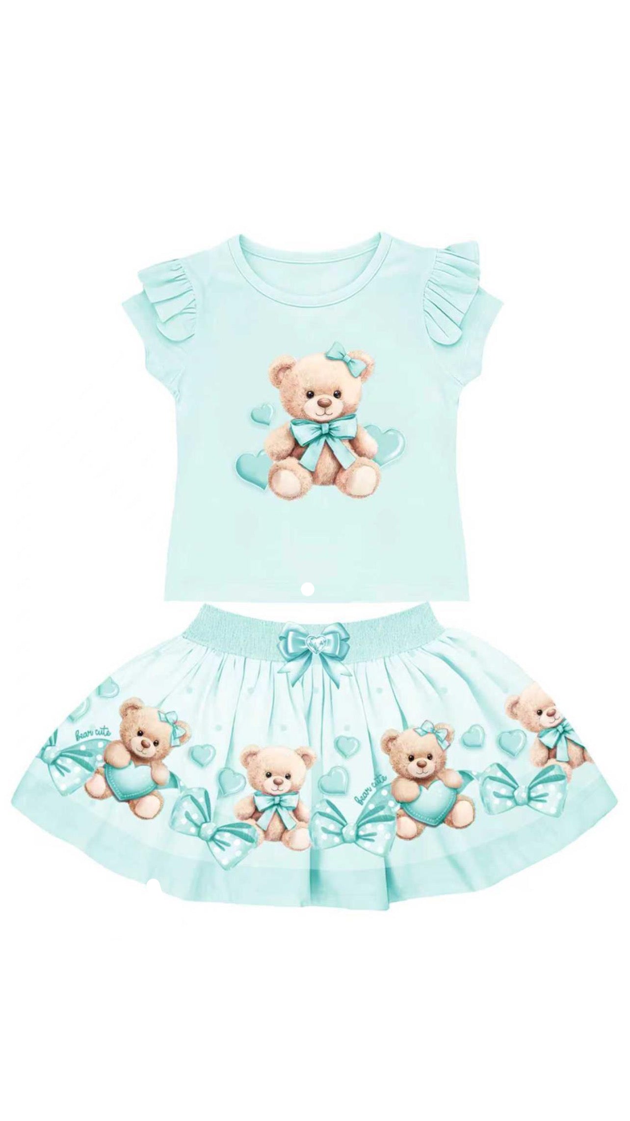 Kidz Emporium Girls Mint Teddy Full Circle Skirt and Pleated Sleeve Top Set with Matching Headband British Designed Occasion Wear
