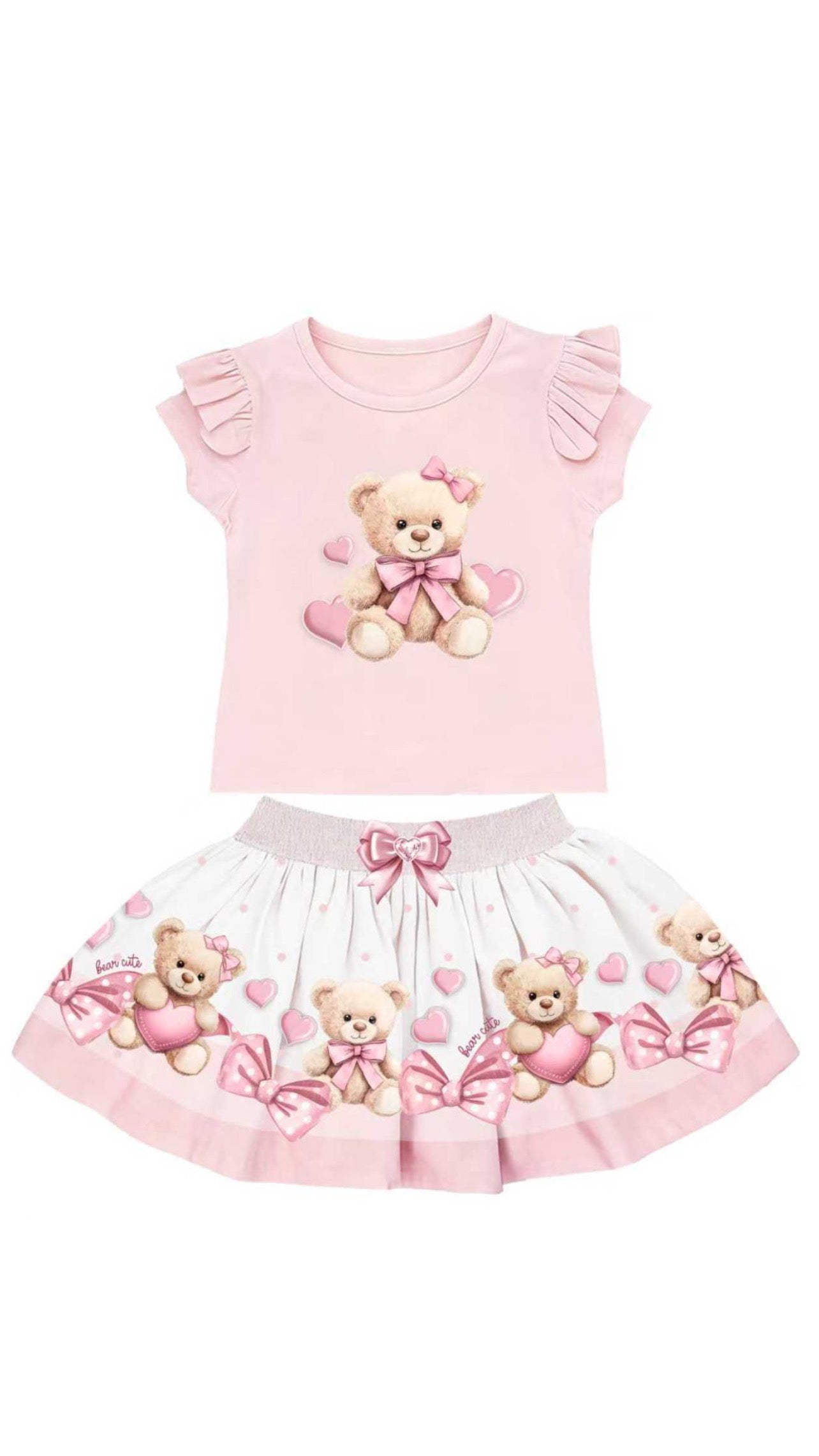 Kidz Emporium Girls Pink Teddy Full Circle Skirt and Pleated Sleeve Top Set with Matching Headband British Designed Occasion Wear