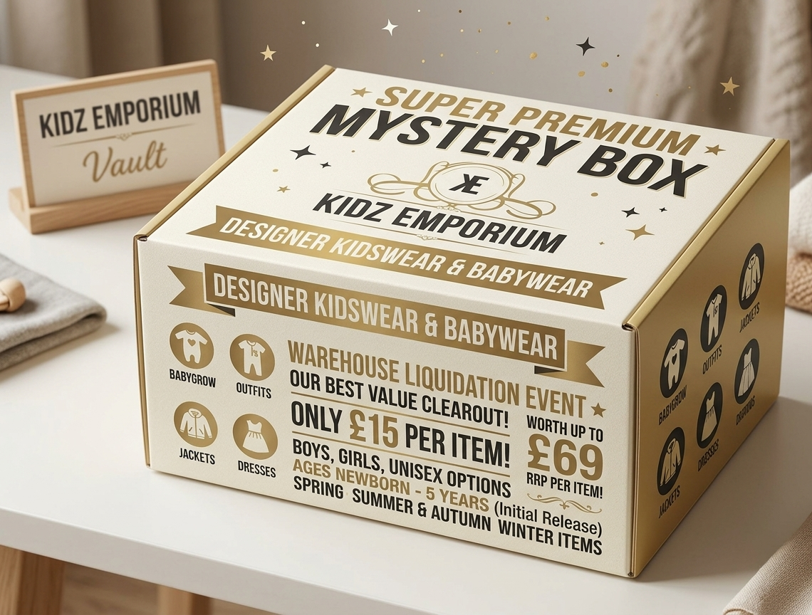 Kidz Emporium designer childrenswear and babywear clearance mystery box presentation graphic for a warehouse liquidation event, showcasing a luxury cream and gold gift box featuring newborn to 5 years spring summer and autumn winter outfits, babygrows, dresses, and jackets for boys, girls, or unisex selection at fifteen pounds per item.