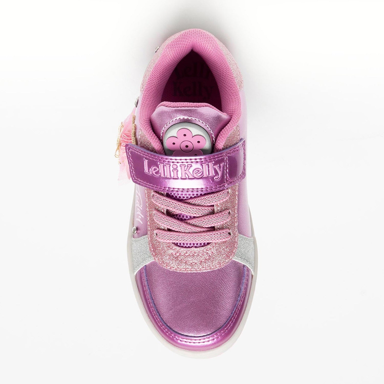 Girls pink and silver Lelli Kelly Mille Stelle trainers with flower button, audio/light tongue, and interchangeable teddy bear charms